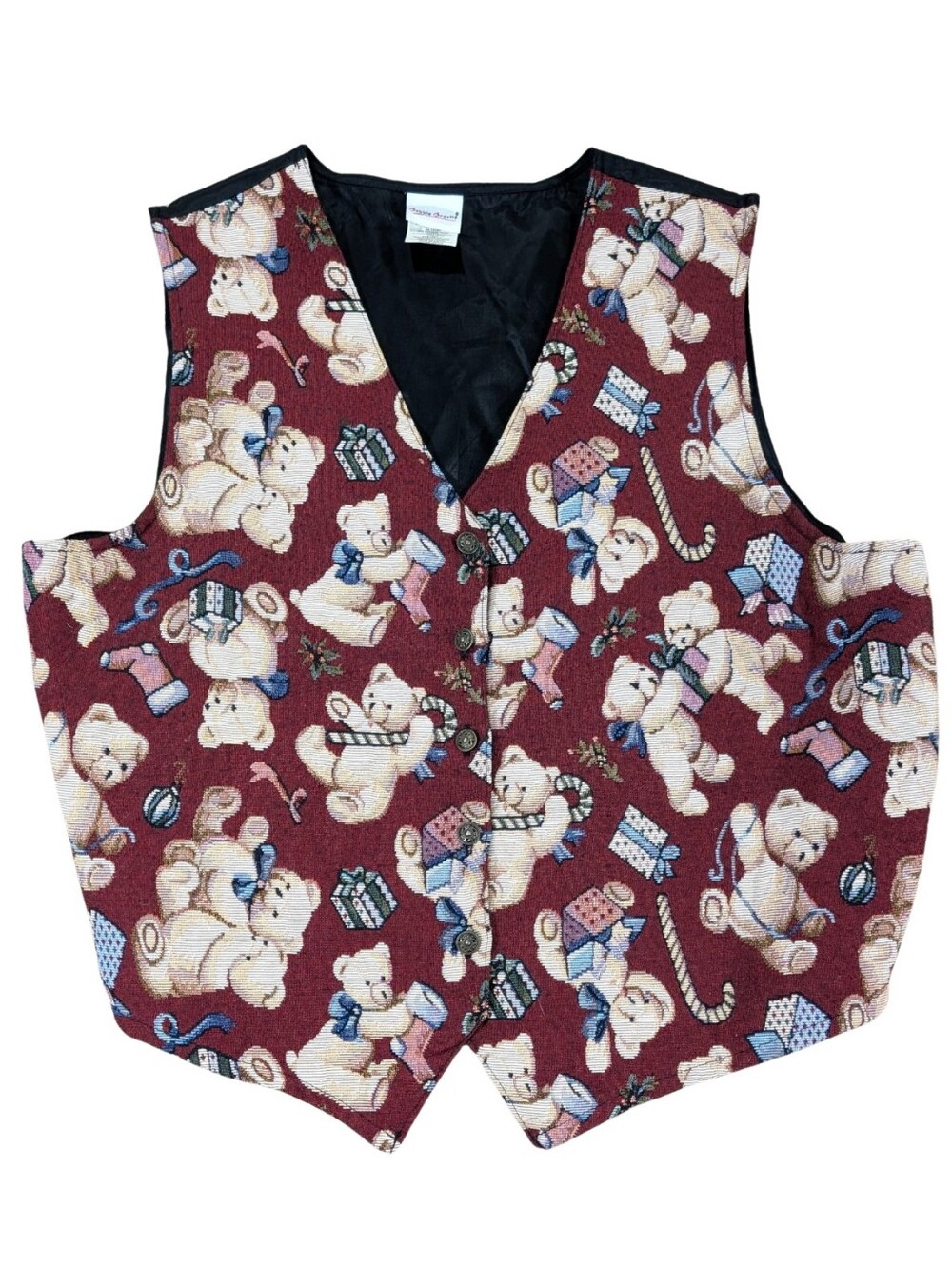 Bobbie Brooks Womens XL Tapestry Christmas Vest Teddy Bear Holiday Burgundy Vtg